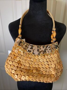 Handcrafted Golden Tan Button-Embellished Women’s Shoulder Bag